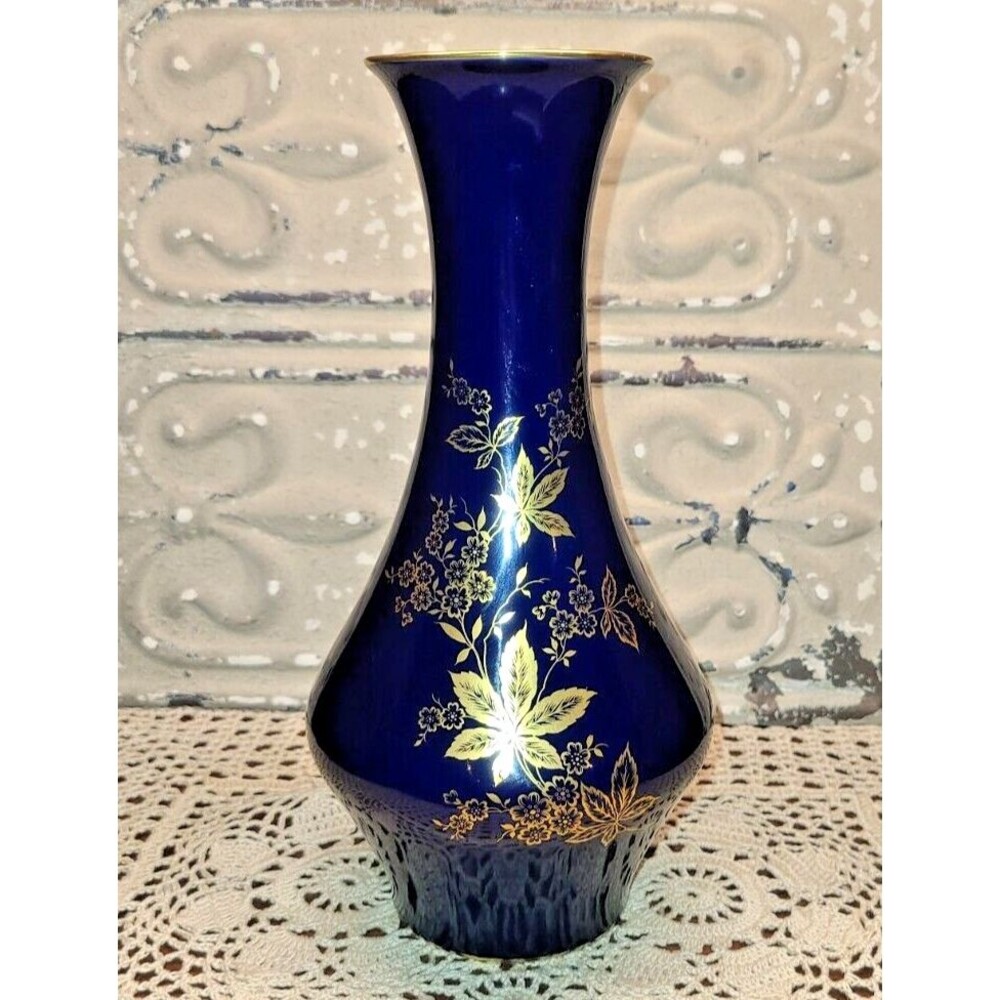 Lindner "Monie" Vase Kueps Bavaria Echt Cobalt Blue Metallic Gold Floral (flaw)